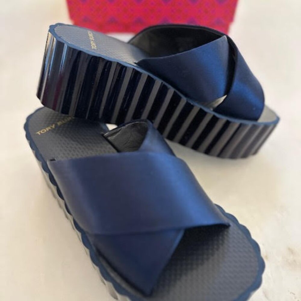 Tory Burch Navy Blue Wedges 7 NWB